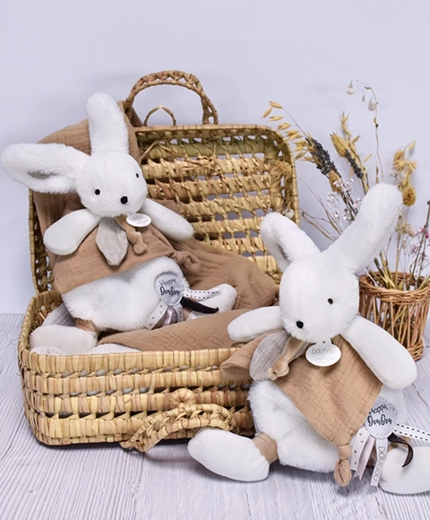 Doudou pluchen konijn met knuffeldoek beige 25 cm