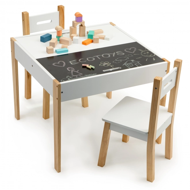 ECOTOYS Houten kindertafel met bord en twee stoeltjes