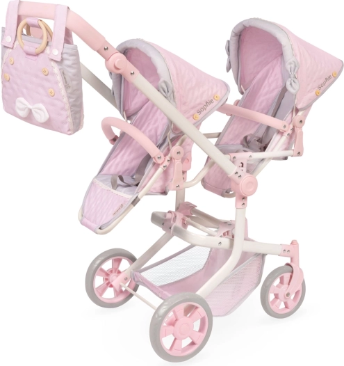 Opvouwbare poppenwagen voor een tweeling SOPHIE met tas, in hoogte verstelbaar 91 cm