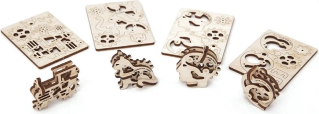 Ugears 3D mechanische houten puzzel – 4 mechanische hangers Karaktersymbolen