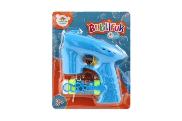 Bellenblaaspistool blauw plastic 13cm + vulling op batterijen op kaart