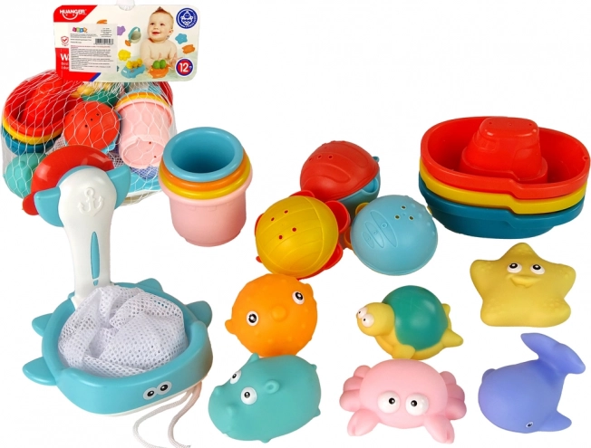 Badset met zeedieren, schepnet en bootjes, 17 stuks