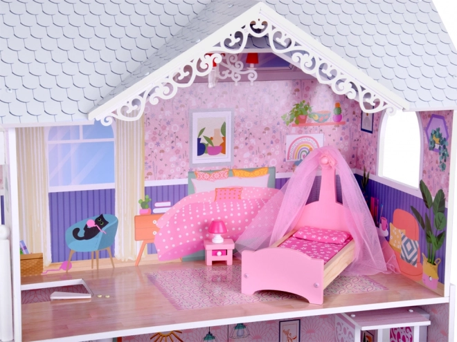 Groot houten poppenhuis met lift, garage en balkon