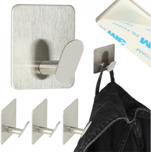 Zelfklevende metalen wandhaken, zilver, set van 4 stuks