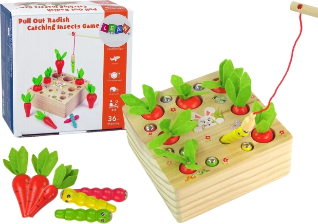 Houten educatief spel met worteltjes en wormpjes met magnetische hengel