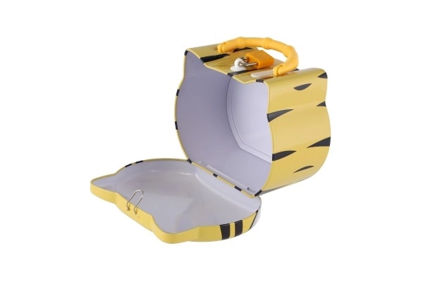 Spaarpot kat/tin kattenhoofd met slot 14x12cm 3 kleuren in plastic doos