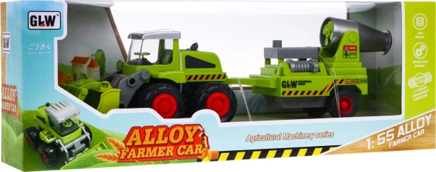 Kinder landbouwlader met tractor en sproeier