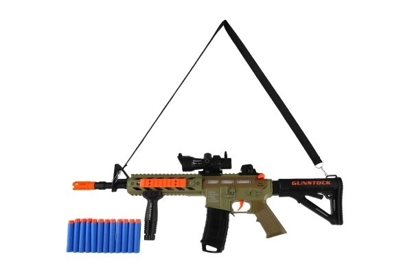 Machinegeweer met schuimrubber kogels + 12 stuks kogels van plastic 60 cm op batterijen met licht en geluid in doos 65x27x6 cm