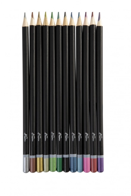 Metallic kleurpotloden in een blikken doos