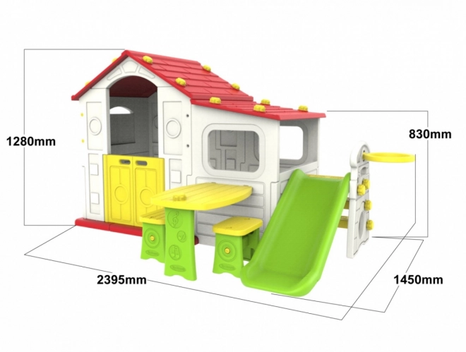 Groot kinderspeelhuis met glijbaan en rood dak