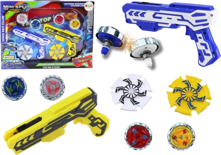 Set pistool-lanceerders met 4 metalen schijven met licht – blauw en geel