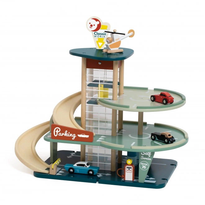 Parkeergarage met auto's en helikopter