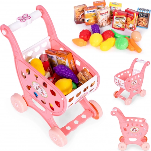 Roze kind winkelwagentje voor spel in de supermarkt of keuken + 18 accessoires