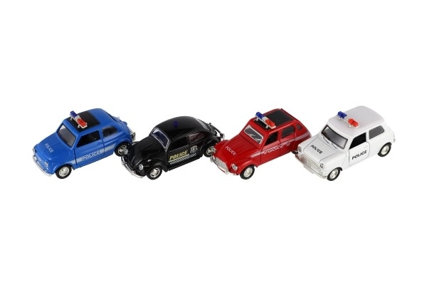Retro politieauto 11cm metaal/plastic, zelfopwindend met licht op batterijen, 4 soorten
