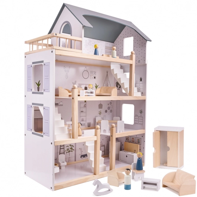 Licht houten poppenhuis met meubels - 80cm
