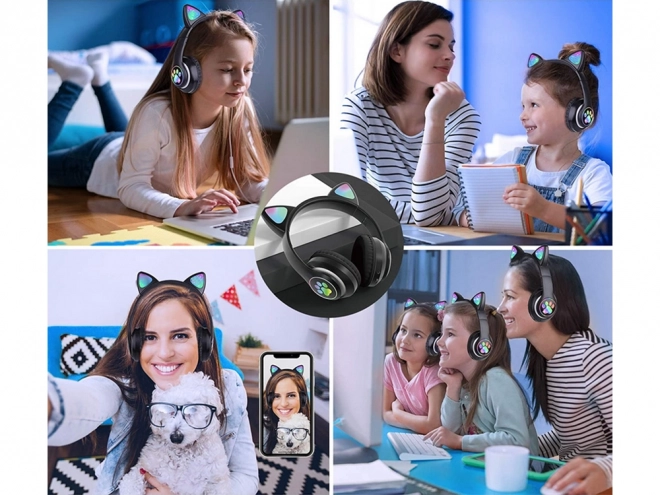 Draadloze koptelefoon bluetooth radio fm mp3 kattenoren led verlichting – zwart