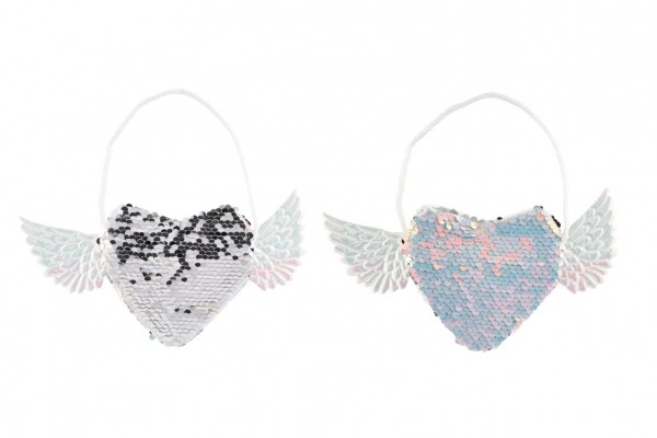 Hartvormige tas met vleugels met wisselende pailletten stoffen wit 21x10cm in een zak