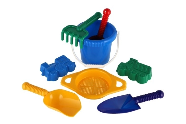 Emmer met zeef, schep, handelsschep en harkjes van plastic in netje 20x28x12cm 12m+