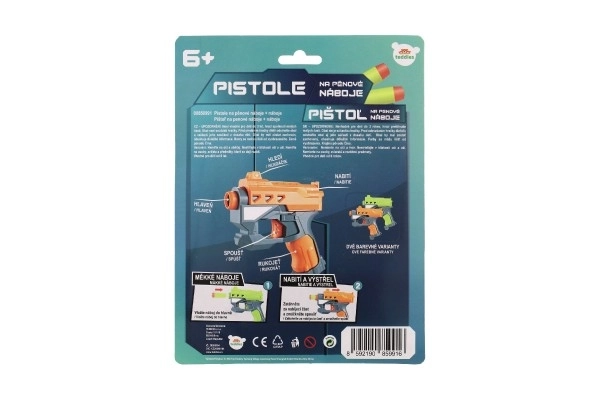 Schuimpistool 12x14cm plastic + 3 stuks kogels 2 kleuren op kaart