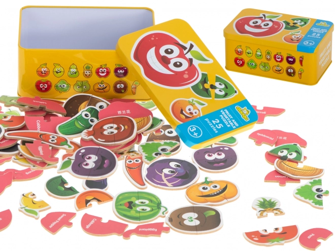 Puzzel met fruit- en groentemotieven in een blikken doosje