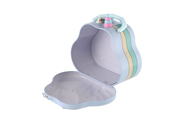 Spaarpot handtasje eenhoorn van blik met slot 15x14cm 3 kleuren in plastic doosje