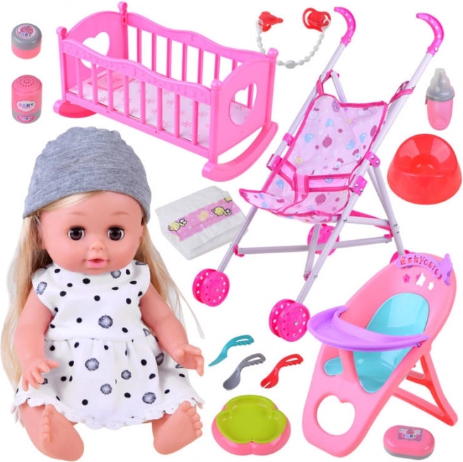 Interactieve baby met kinderwagen, kinderstoeltje en wieg – grote set met accessoires