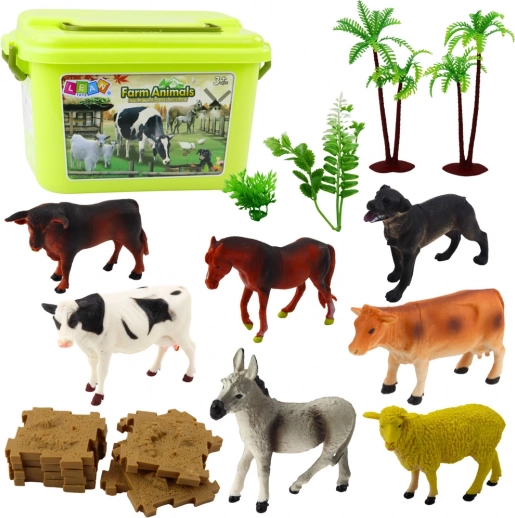 Set dierenfiguren met boompjes en koffertje 57 stuks
