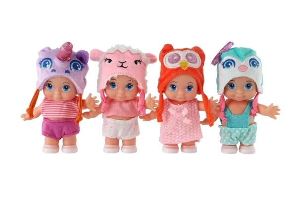 Poppenbaby met muts kunststof stevig lichaam 15cm 4 soorten in doosje 9x16x6cm