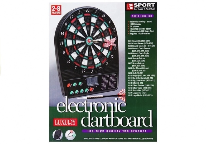 Elektronische dartbord digitaal 20x26cm + 3 pijlen kunststof op batterijen met geluid in doos 21x27x4cm