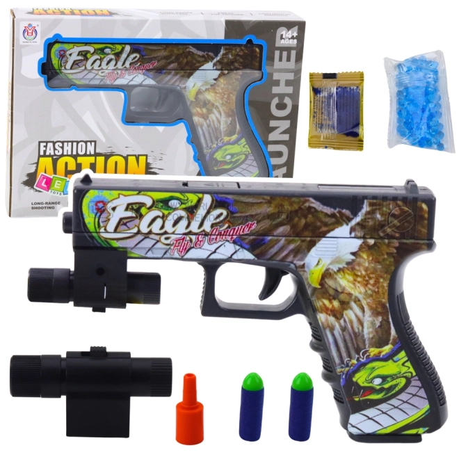 Pistool met schuimpijlen en waterkogels met laser
