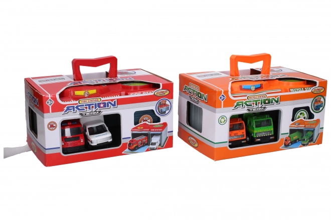 Draagbaar station met 2 metalen auto's 24x15,5x12,5 cm