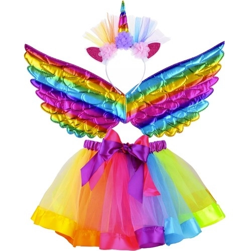 Eenhoorn kostuum met een regenboogrok en vleugels