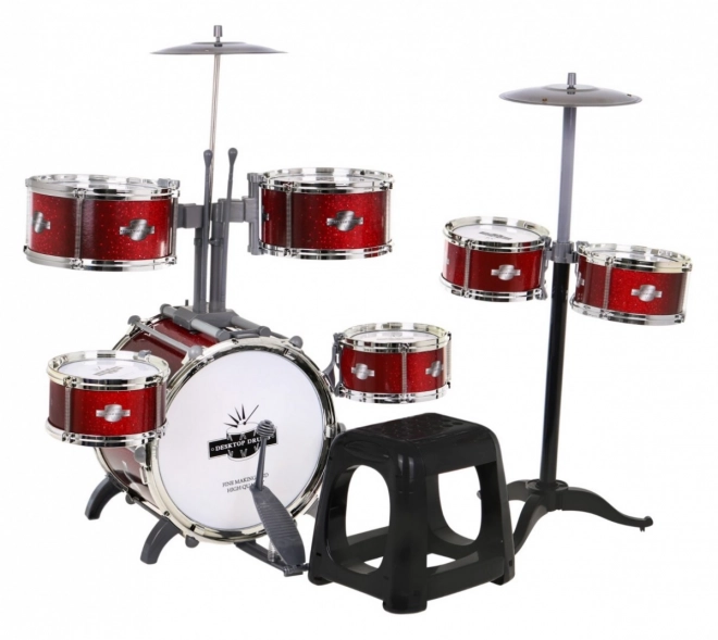 Rode drums met 7 trommels + krukje + 2 bekkens + 2 stokken - 12 delen