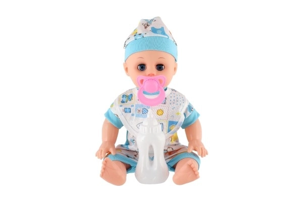 Pop baby plastic 32cm stevig lichaam drinkend, plassend op batterijen met geluid met accessoires in zak