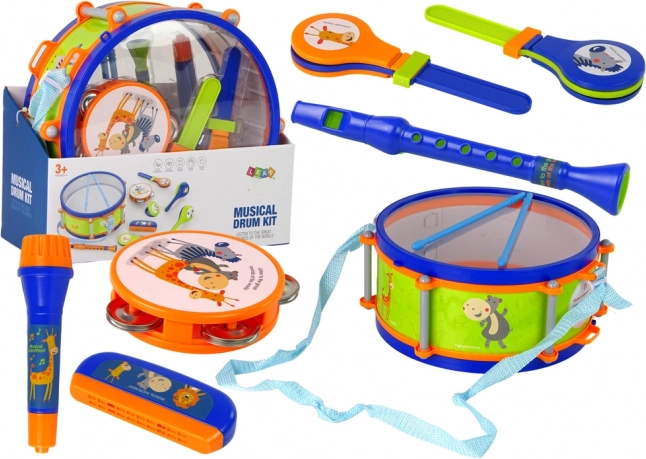 Muziekinstrumenten voor kinderen - Set trommel, tamboerijn, fluit, rammelaar, mondharmonica, dieren