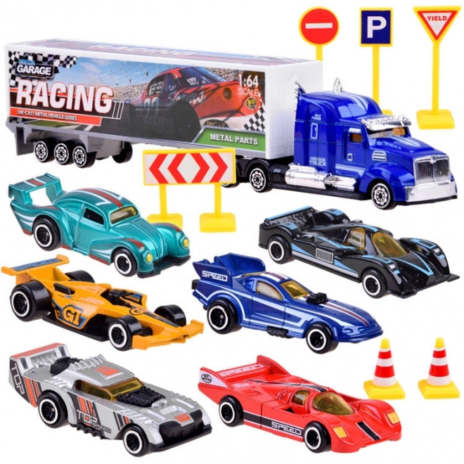 Metalen speelgoedwagenset van racers met verkeersborden