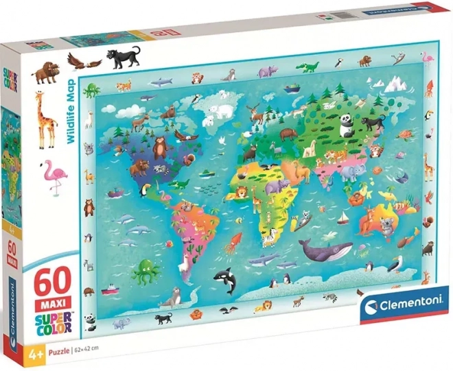 Clementoni puzzel Wereldkaart met dieren MAXI 60 stukjes