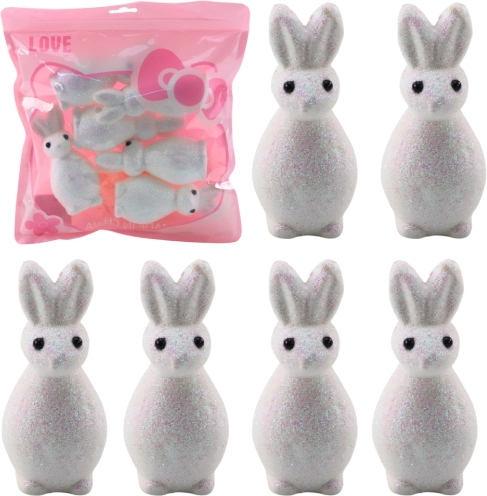 Witte styropor paashaasjes met glitters, set van 6