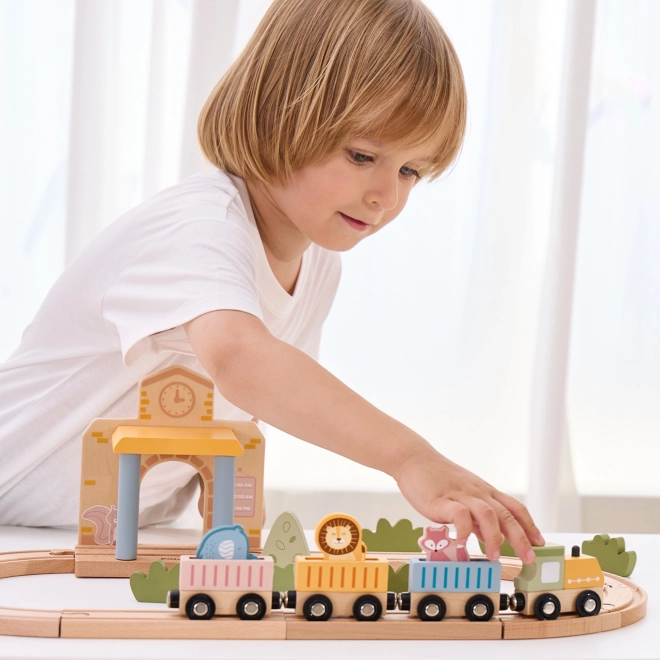 Houten treinset met batterijvoeding