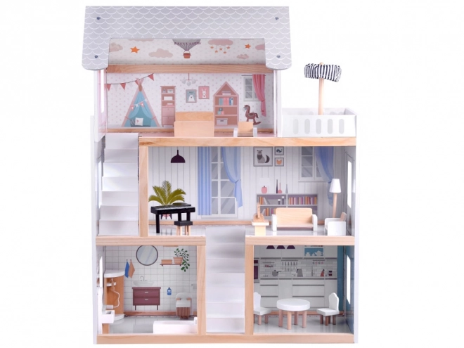 Houten poppenhuis met LED-verlichting in Boho-stijl 78 cm