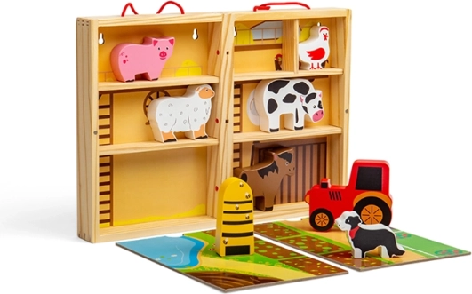 Bigjigs Toys draagbare houten boerderij in een doos met dieren en tractor