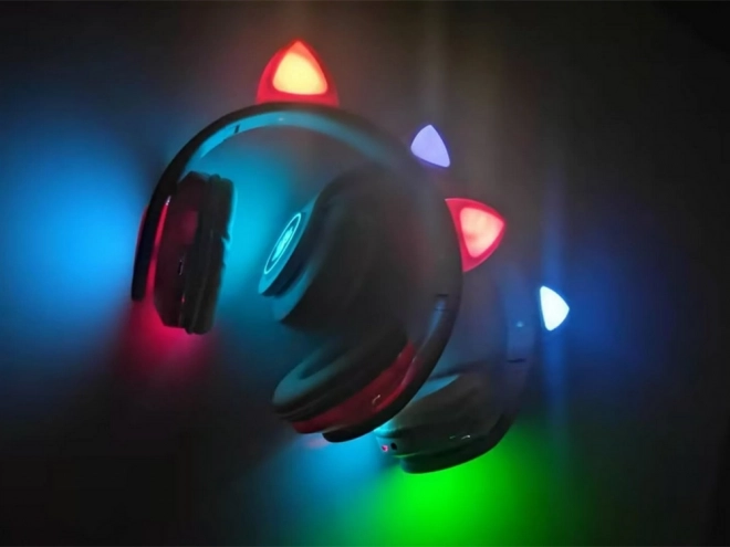 Draadloze koptelefoon bluetooth radio fm mp3 kattenoren led verlichting – zwart
