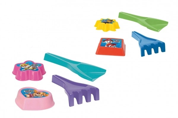 Zandset 4-delig plastic schep, harkje, 2 mallen PAW Patrol 4 kleuren in netje