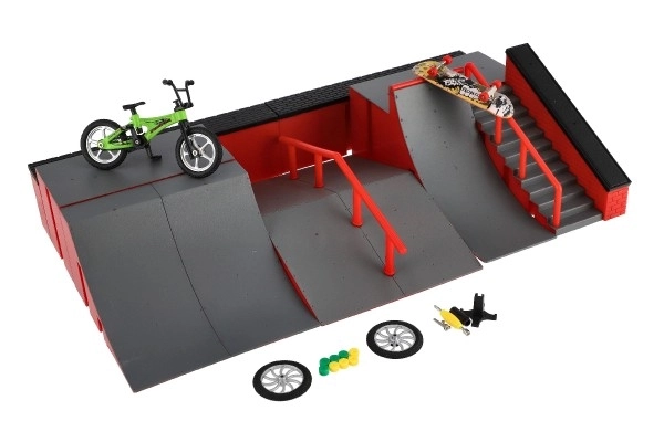 Skatepark - hellingen, vingerfiets, vingergrootte skateboard plastic met accessoires 2 kleuren in doos 43x25x12cm