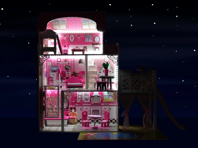Grote houten poppenhuis met glijbaan en LED-verlichting