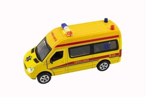 Auto ambulance metaal/plastic 15cm op batterijen met licht en geluid op wrijving 6 stuks in doos