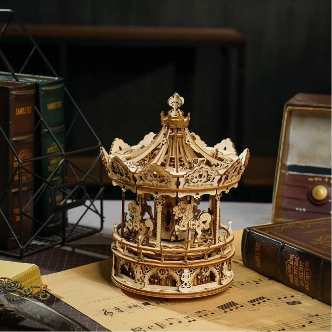 Carrousel met paarden - muziekdoosje - 3D houten bouwpakket