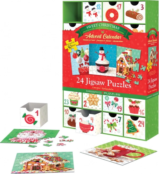 Adventskalender met Puzzel Eurographics 24 x 50 Stuks – Zoete Kerst