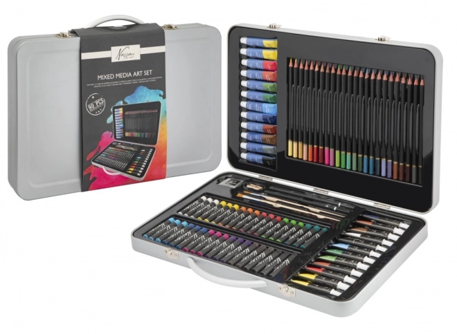 Set met kunstbenodigdheden in een metalen koffertje