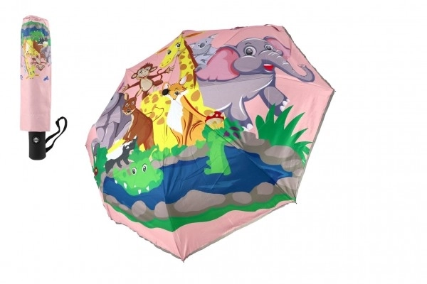 Dieren paraplu opvouwbaar automatisch textiel/metaal 28cm roze in zak